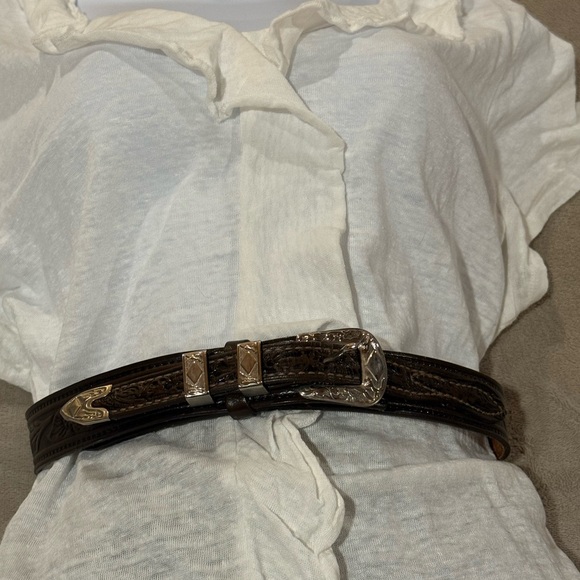 Tex Tan Dk. Brown Western tooled with silver buckle belt, 44” long - Picture 2 of 9